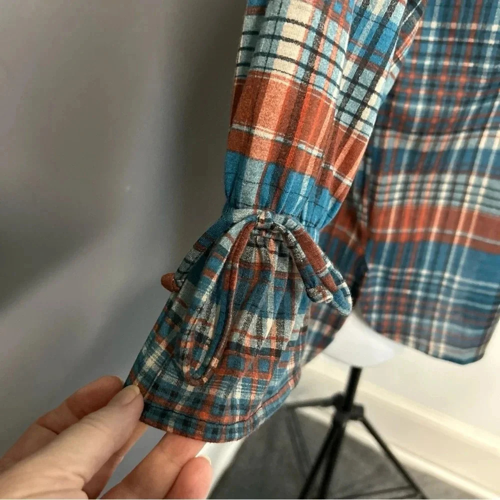 Women's Small Plaid V Neck Popover Flannel Shirt Bow‎ Colorful Cowgirl Autumn - Picture 2 of 14